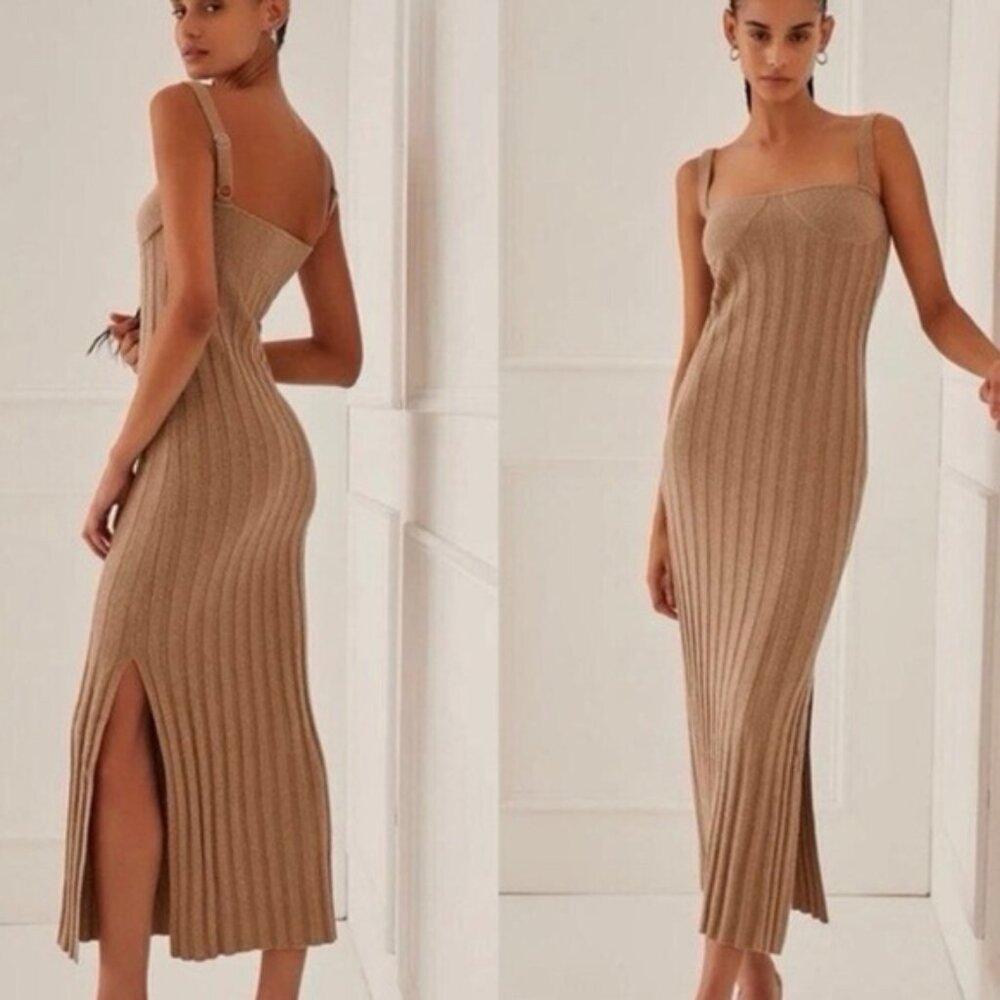 Elegant Tan Ribbed Knit Dress